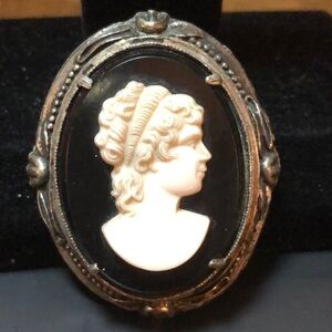 PJC Black & White Resin Cameo Oxidized Silver Tone